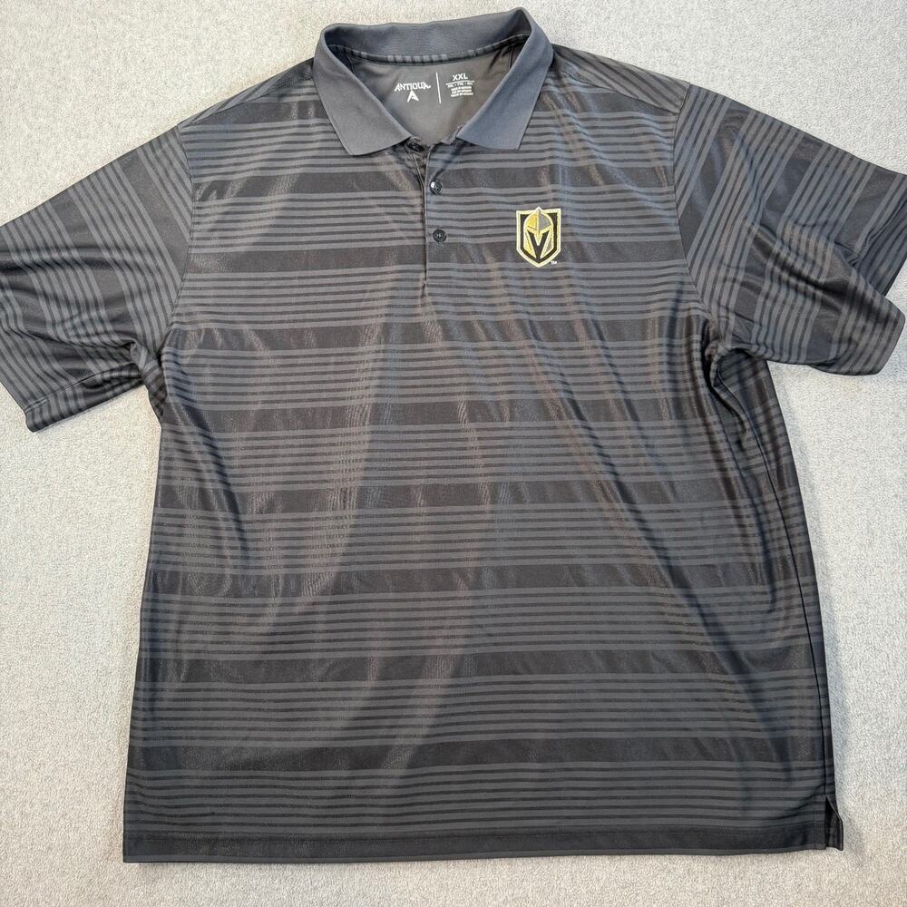 Las Vegas Golden Knights Antigua Polo Shirt Mens XXL Black Gray Stripe NHL *Flaw